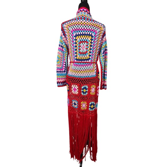 Boho Crochet Granny Square Kimono Cardigan Red Fringe Multicolor One Size - Picture 7 of 8